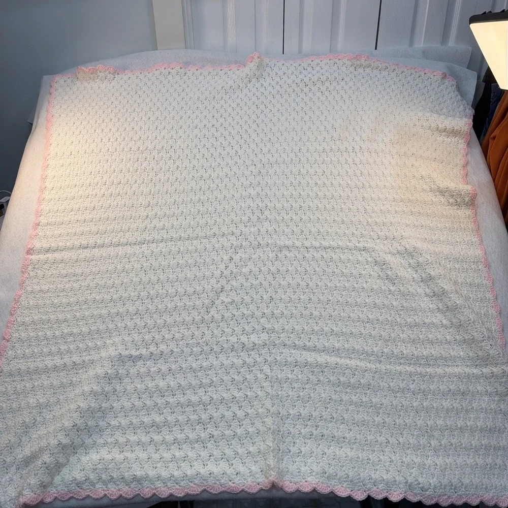 Handmade Crochet Baby Blanket White With Pink Border. With‎ A Little Sparkle